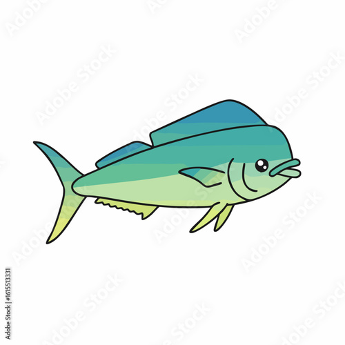 Cartoon Mahi-Mahi Fish with Blue and Green Gradient and Black Outline