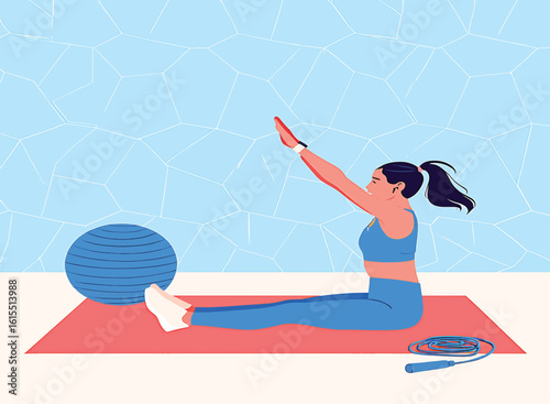 Woman doing a seated forward bend stretching exercise on a fitness mat vector illustration.
