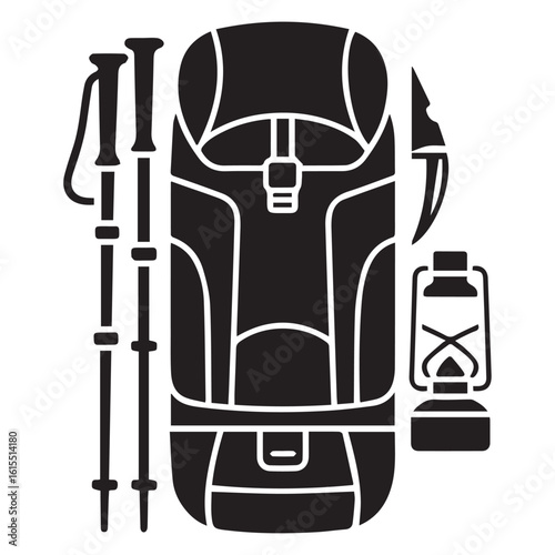 Vector art of a black silhouette of a hiking backpack with trekking poles and a lantern