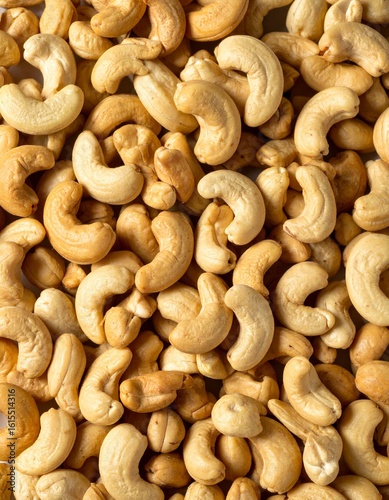 Close-up of cashews, showcasing their unique shape and inviting color ideal for themes of healthy snacks, vegan recipes, or wholesome ingredients. A collection of cashews, ready to be enjoyed 