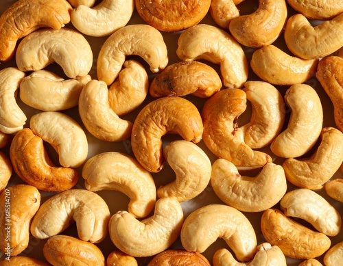 Close-up of cashews, showcasing their unique shape and inviting color ideal for themes of healthy snacks, vegan recipes, or wholesome ingredients. A collection of cashews, ready to be enjoyed 