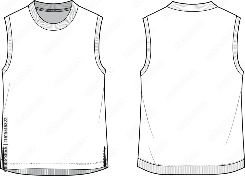 Sleeveless tank top technical CAD drawing, front and back view, fashion apparel vector, garment template, clothing flat sketch illustration Sleeveless tank top technical CAD drawing, front and back view, fashion apparel vector, garment template, clothing flat sketch illustration