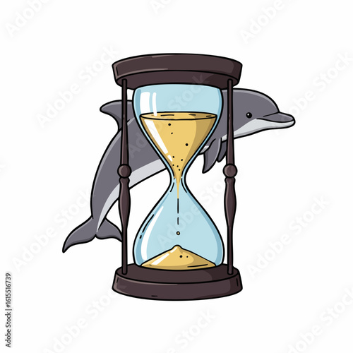 Leaping Dolphin Silhouette Behind Hourglass of Time