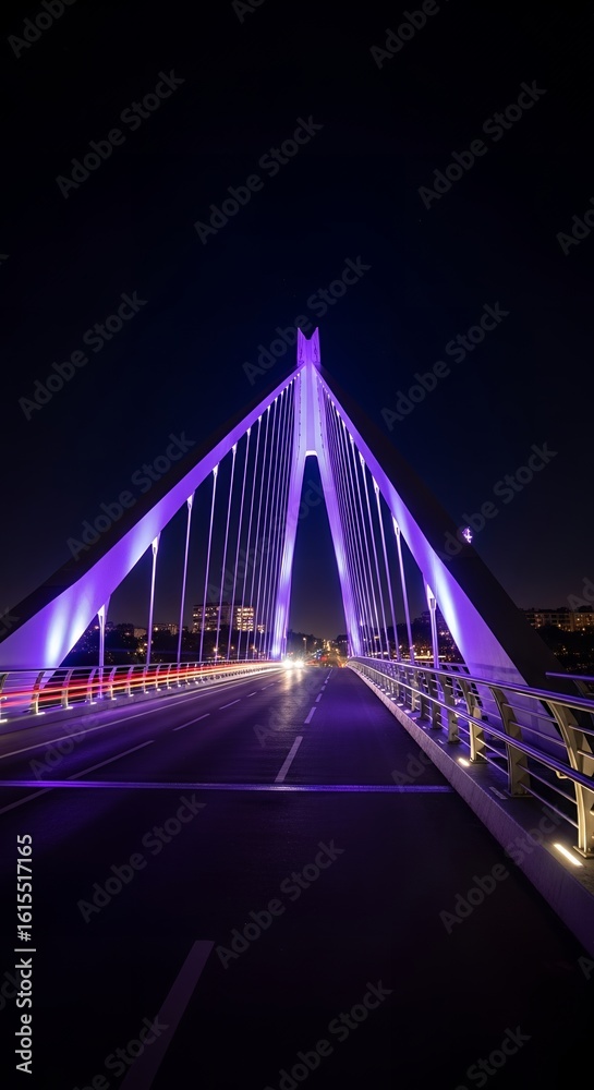 Obraz premium Nighttime Majesty: Purple-Lit Cable-Stayed Bridge, Urban Nightscape