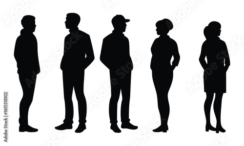 Diverse group of five people silhouetted against a white background showcasing different casual outfits and stances representing modern urban lifestyle and individuality