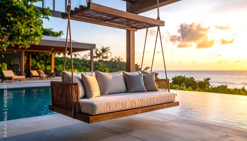 Fototapeta premium Luxurious Outdoor Swing Sofa by Infinity Pool at Sunset Overlooking Ocean Resort