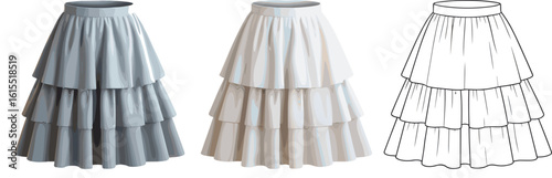 Fashion Flat Sketch and Realistic Renderings of a Tiered Ruffle Skirt in Multiple Views, Ideal for Apparel Design, Technical Drawings, and Clothing Illustrations