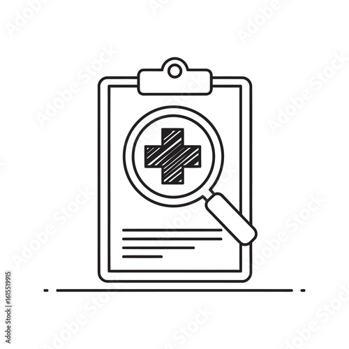 Medical research icon with clipboard medical cross and magnifying glass representing health inspection and clinical data analysis line vector stroke