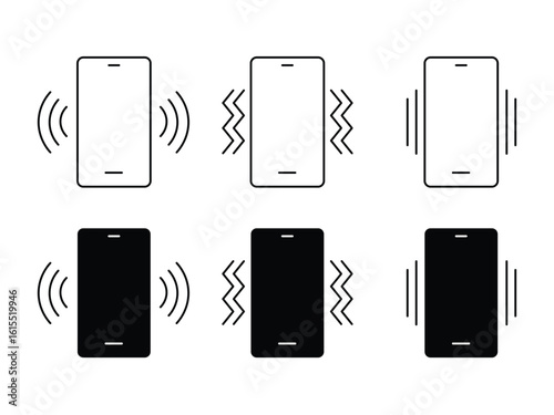 Phone vibration icon set in line and filled style. mobile device alerts notification signals ringing vibration icon set vector