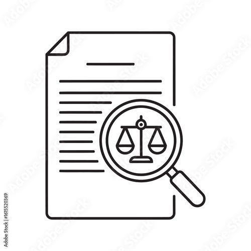 Legal audit icon with document scales of justice and magnifying glass for compliance review and regulatory law investigation line vector stroke