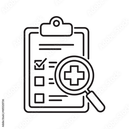 Healthcare audit icon with clipboard checklist medical cross and magnifier for patient record inspection and clinical compliance line vector stroke