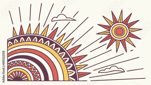 Vibrant Sunburst Mandala Art: Retro Sunrise Illustration, Colorful Line Drawing, Bohemian Sun Design, Summer Graphic