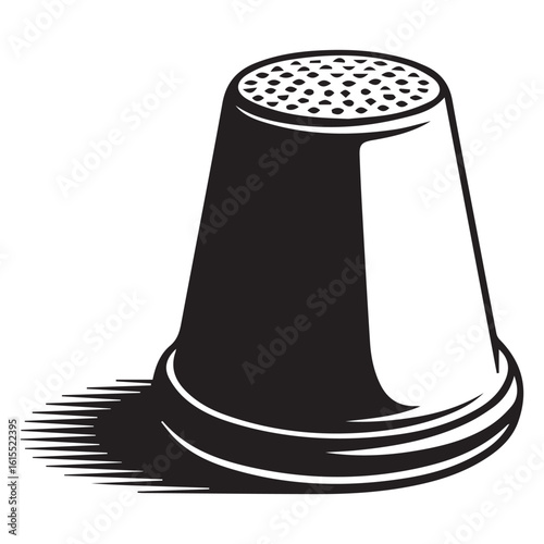 Vector art of a detailed black and white illustration of a sewing thimble with a cast shadow, representing a classic tailoring tool
