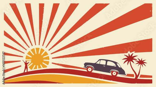 Vintage Sunburst Retro Car Travel Poster Art Print Mid Century Modern Illustration Palm Trees Road Trip Graphic Design