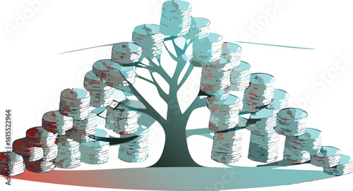 Gold money bag with stacked coins isolated on white background	