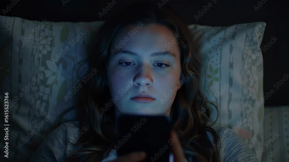 Teenage girl using smartphone late at night in bed with phone screen illuminating her face, sleepless scrolling