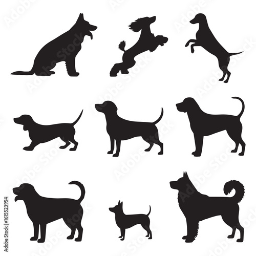 Vector art of a diverse set of dog silhouettes, showcasing various breeds and poses, from playful pups to majestic companions