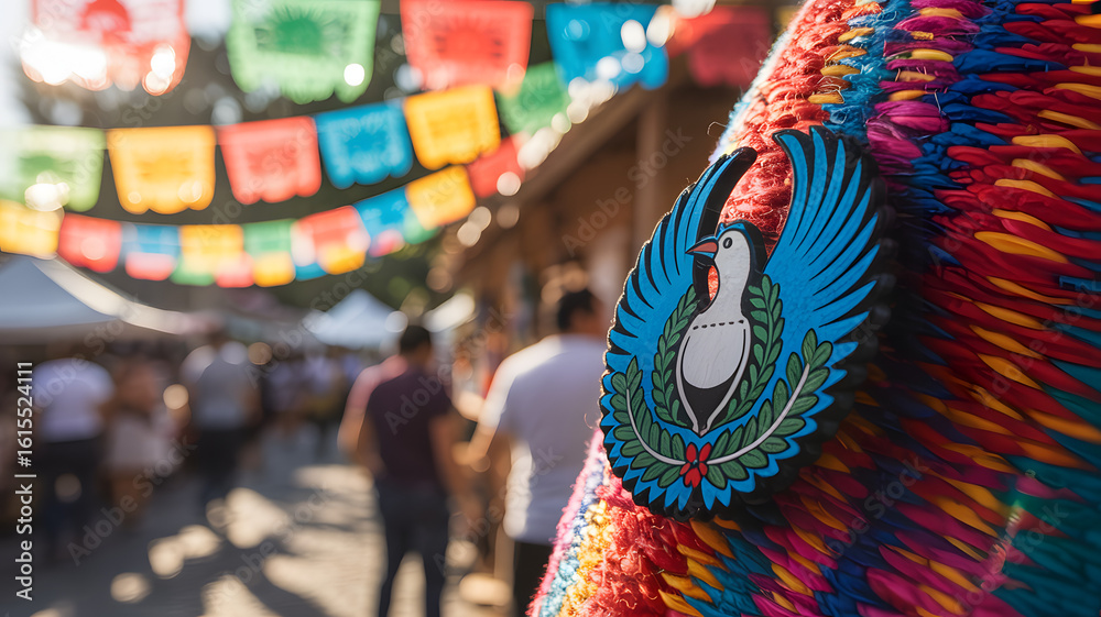 Obraz premium Blue-and-white Quetzal bird pin on woven textile, symbolizing Guatemalan culture and freedom.