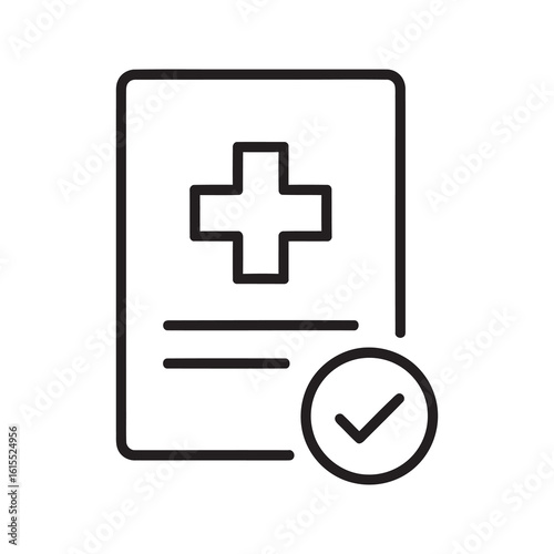 Approved medical report icon with health document plus sign and checkmark representing verified patient data and valid prescription line vector stroke