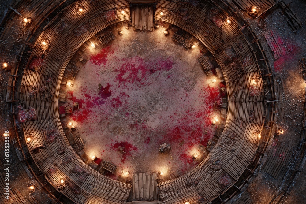 Obraz premium Top-down view of a circular wooden battle arena with staircases, torches, and a bloodstained dirt floor, evoking a gritty fantasy combat setting or ancient gladiator pit