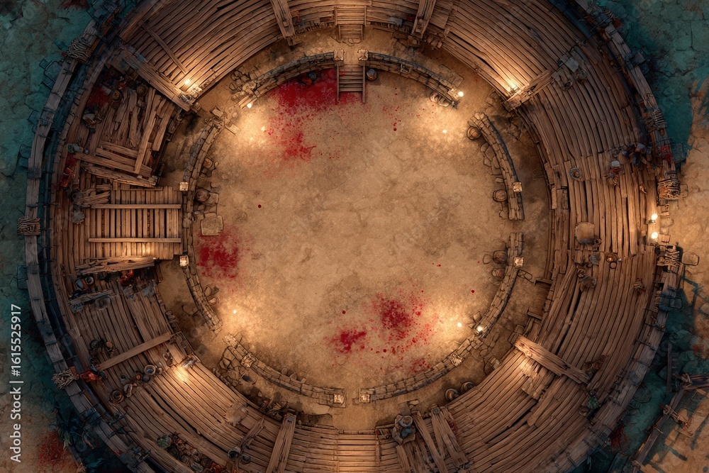 Obraz premium Top-down view of a circular wooden battle arena with staircases, torches, and a bloodstained dirt floor, evoking a gritty fantasy combat setting or ancient gladiator pit 