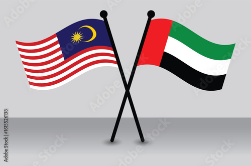 Crossed Flags of Malaysia and the UAE. Waving Flags Flat Style. Official Proportion.