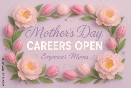 Decorative Mother's Day promotional image with pink and peach flowers surrounding the text "Careers Open" on a pastel purple background, emphasizing empowerment.