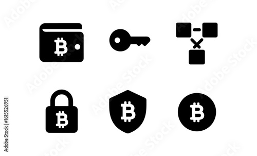 Cryptocurrency security icons: wallet, key, blockchain, lock, shield, bitcoin