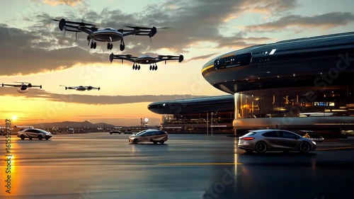 Animation of smart futuristic airport with flying cars landing on vertical pads