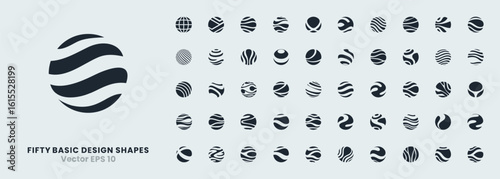 Set of 50 vector icons featuring spheres, globes, and 3D balls in abstract and geometric shapes. Includes patterns, circles, dots, and halftone elements for modern design, web or science illustrations