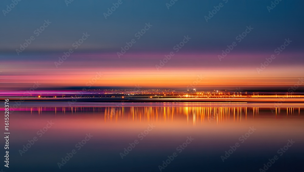Fototapeta premium City lights reflected on a calm water's edge at sunset