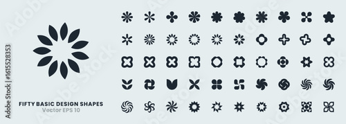 A set of 50 flower inspired design elements. Abstract shapes, geometric icons, and retro floral patterns. Minimal symbols, fun decorative figures. Vector graphics for logos, labels, stickers.