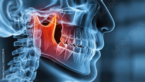 3D anatomical illustration of a painful temporomandibular joint (TMJ)