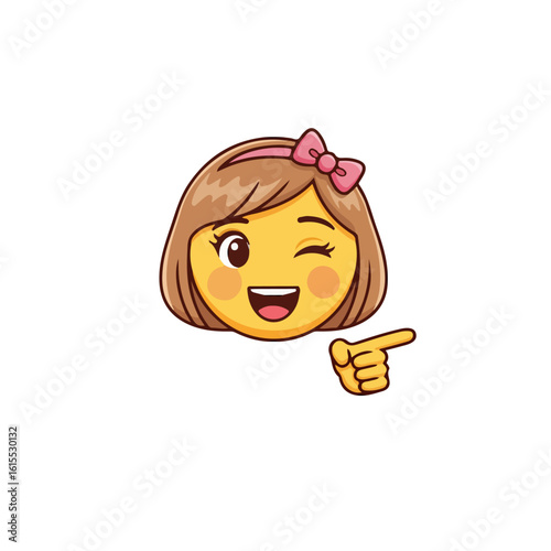 A winking emoji with a pink bow in her hair and pointing to the right side of the image frame here now