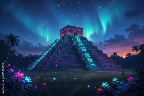 Ancient pyramid glowing with blue symbols under aurora borealis