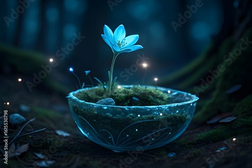 Ethereal blue flower in glowing terrarium at night