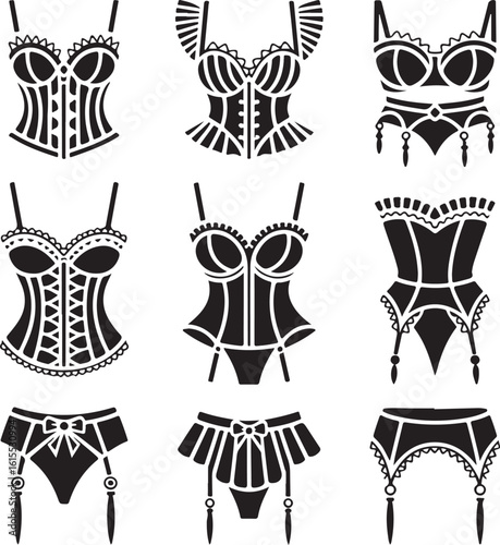 Corset, icon, set, lingerie, burlesque, silhouette, vector, black, isolated, illustration, design, fashion, vintage, woman, body