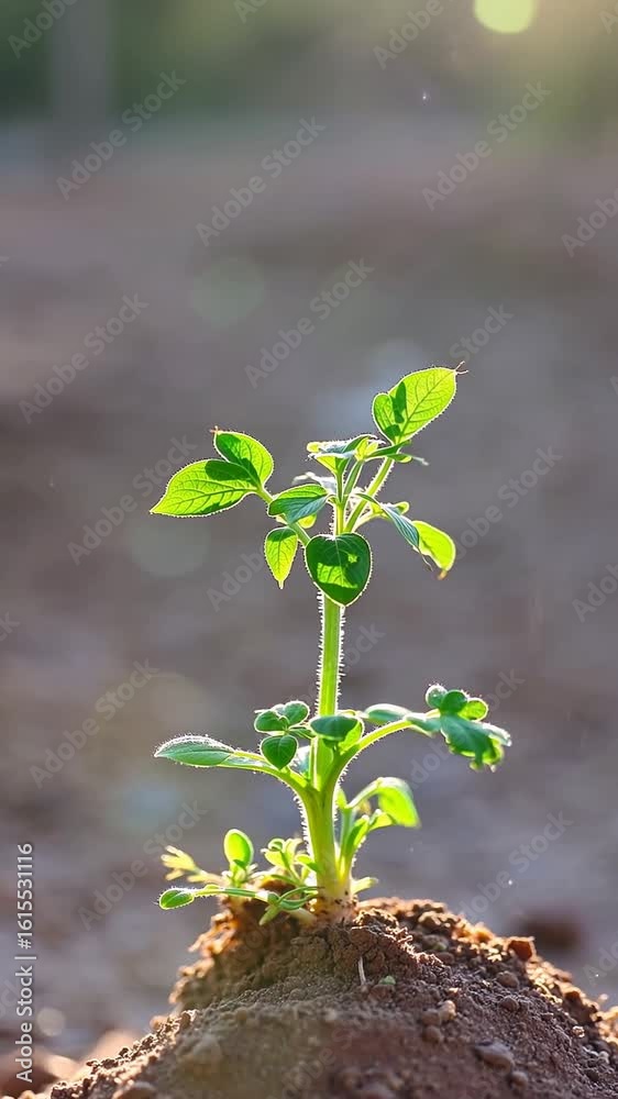 A small green seedling emerges from the soil, stretching upward as its delicate leaves unfurl. Soft morning sunlight filters through, and a gentle breeze stirs its tender growth.