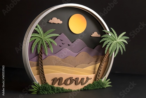 Papercraft diorama tropical scene with palm trees and sun