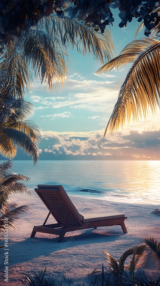Fototapeta premium Tropical Beach Sunset with Palm Trees and Chair Relaxing Seascape Serenity
