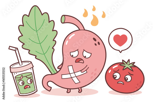 Cute cartoon illustration of upset stomach with bandage and sad foods