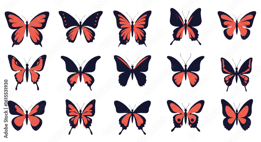 Fototapeta premium Abstract Vector Illustration Of Coral Butterflies On A Dark Isolated Background