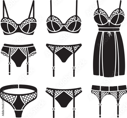 Lingerie, set, icon, lace, underwear, silhouette, vector, black, isolated, illustration, design, fashion, woman, nightgown