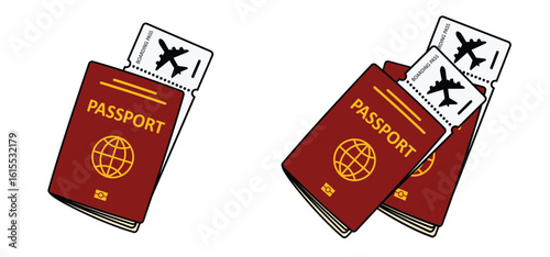 Cartoon passport and boarding pass icon. Airline tickets to fly. Airplane ticket. Boarding pass ticket. Fly tickets concept. Passport with boarding passes. flight ticket. Passenger to departure.