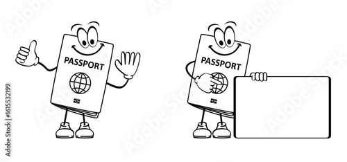 Cartoon mascotte passport and boarding pass icon. Airline tickets to fly. Airplane ticket. Boarding pass ticket. Fly tickets. Passport with boarding passes. flight ticket. Passenger to departure.