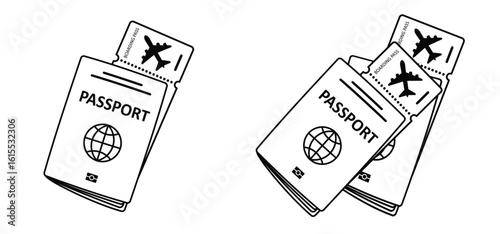 Cartoon passport and boarding pass icon. Airline tickets to fly. Airplane ticket. Boarding pass ticket. Fly tickets concept. Passport with boarding passes. flight ticket. Passenger to departure.