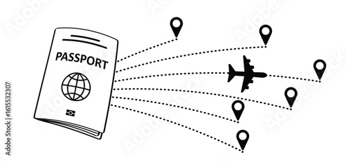  vacation holiday, passport, boarding pass. Airline tickets to fly. Airplane ticket. Boarding pass ticket. Flight ticket. Plane, flight route with start point. Aircraft pointer. Passenger to departure