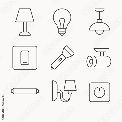 Diverse lighting solutions showcase featuring modern lamp, bulb, switch, and flashlight designs for home decor