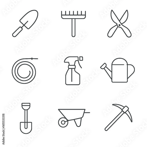 Essential gardening tools icons set for your thriving garden and landscape projects, scalable design