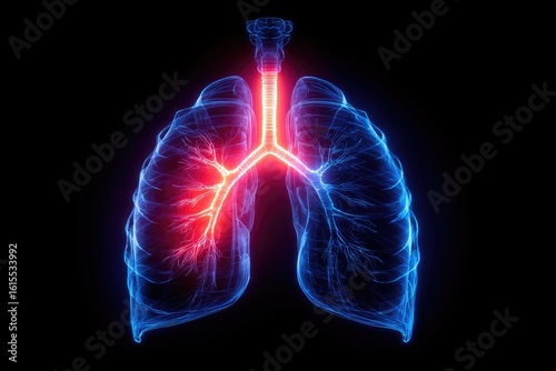 3D illustration of lungs and trachea, highlighted in glowing blue and red